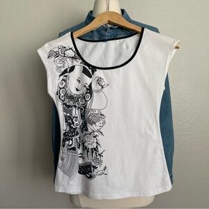 Size: XS Ethnic Print White T-Shirt | Traditional Chinese Style  In excellent Pr